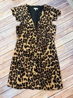 Leopard Print Mini Dress with Bronze Button Front - Tan & Black